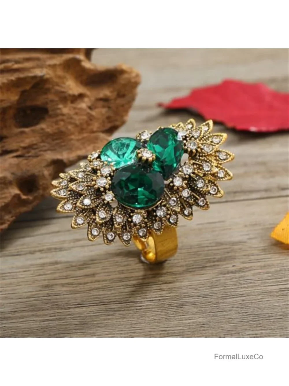 Adjustable Wide Wrap Statement Ring - Gold Tone CZ Oval Flower Rhinestone